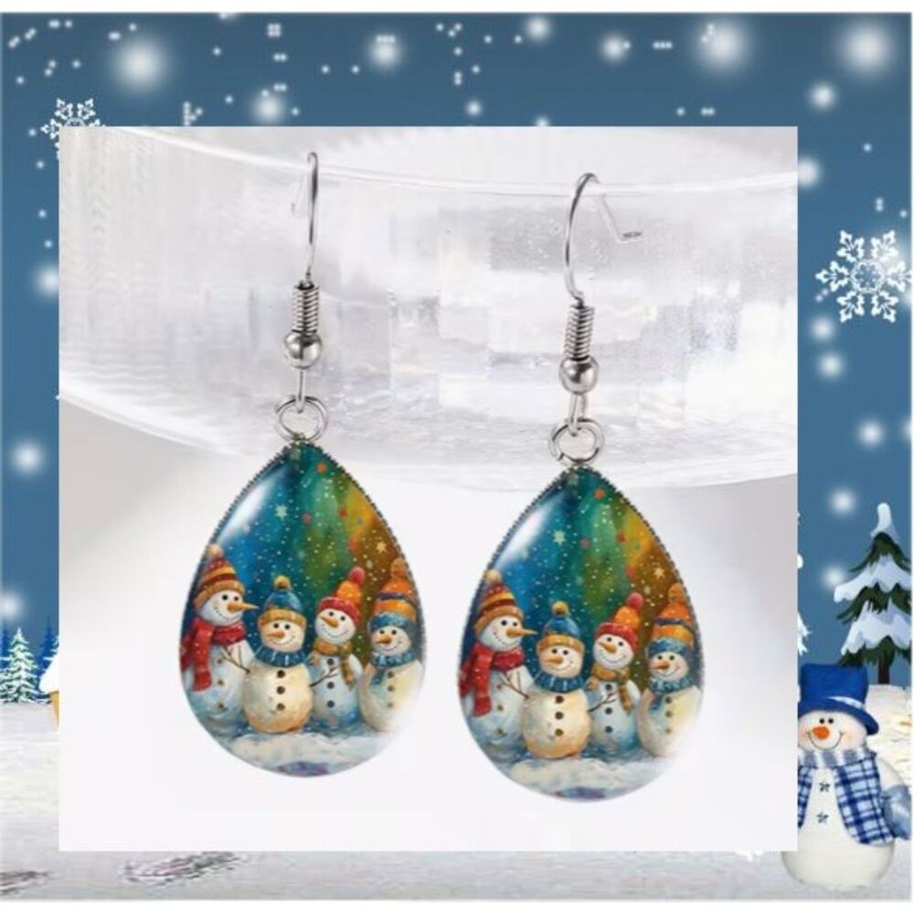 Snowmen Glass Dome Dangle Raindrop Metal Earrings
